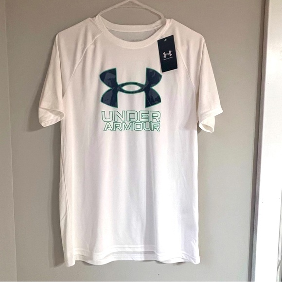 Under Armour Boys XL Tech Hybrid Dri-Fit Loose Cool White Green Black TShirt NWT - Picture 2 of 15